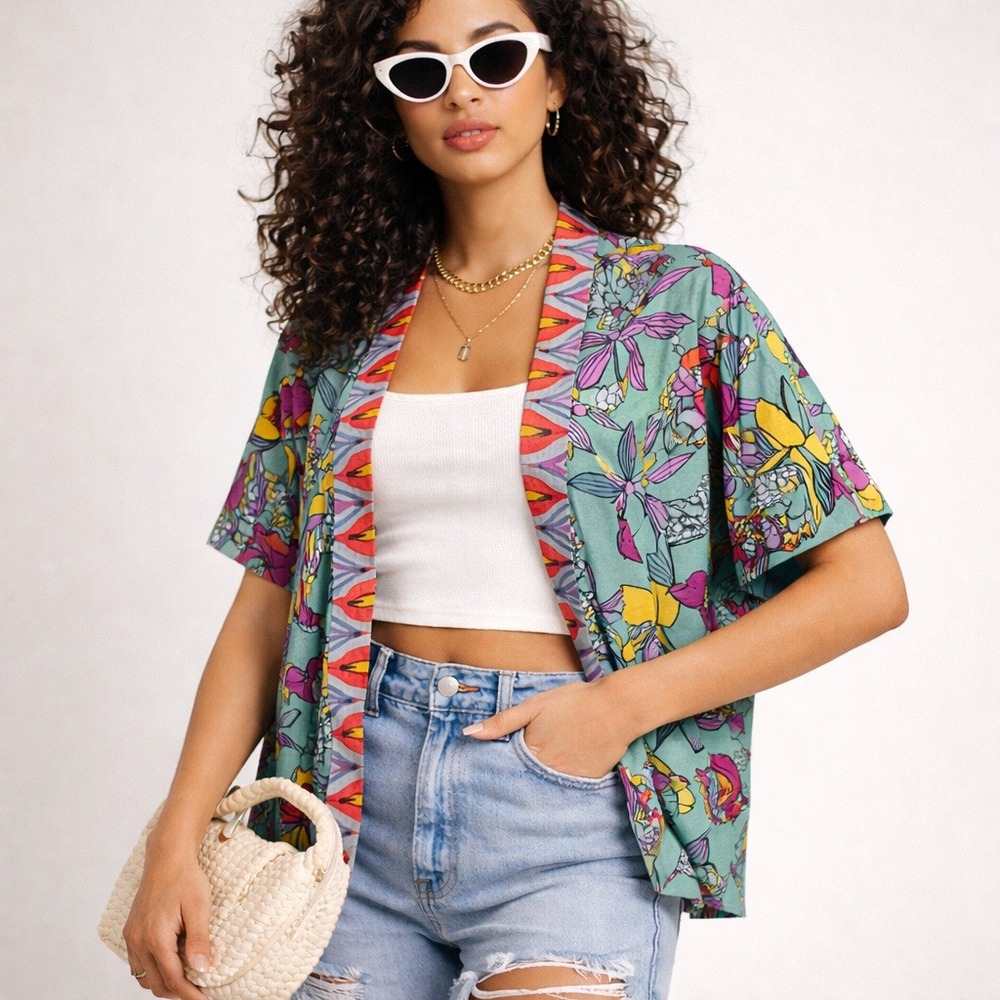 Brooke Webb Floral Kimono Cardigan Boho One Size Open‎ Front Festival Top